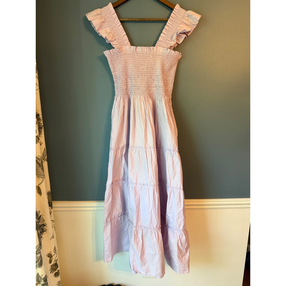 Quince Organic Cotton Smocked Tiered Maxi Dress Lavender Purple Ruffle Strap M